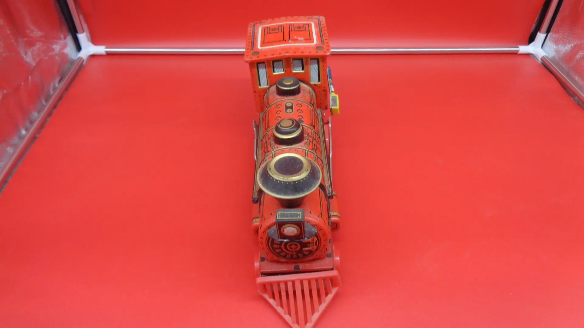 Top of a red vintage toy steam train