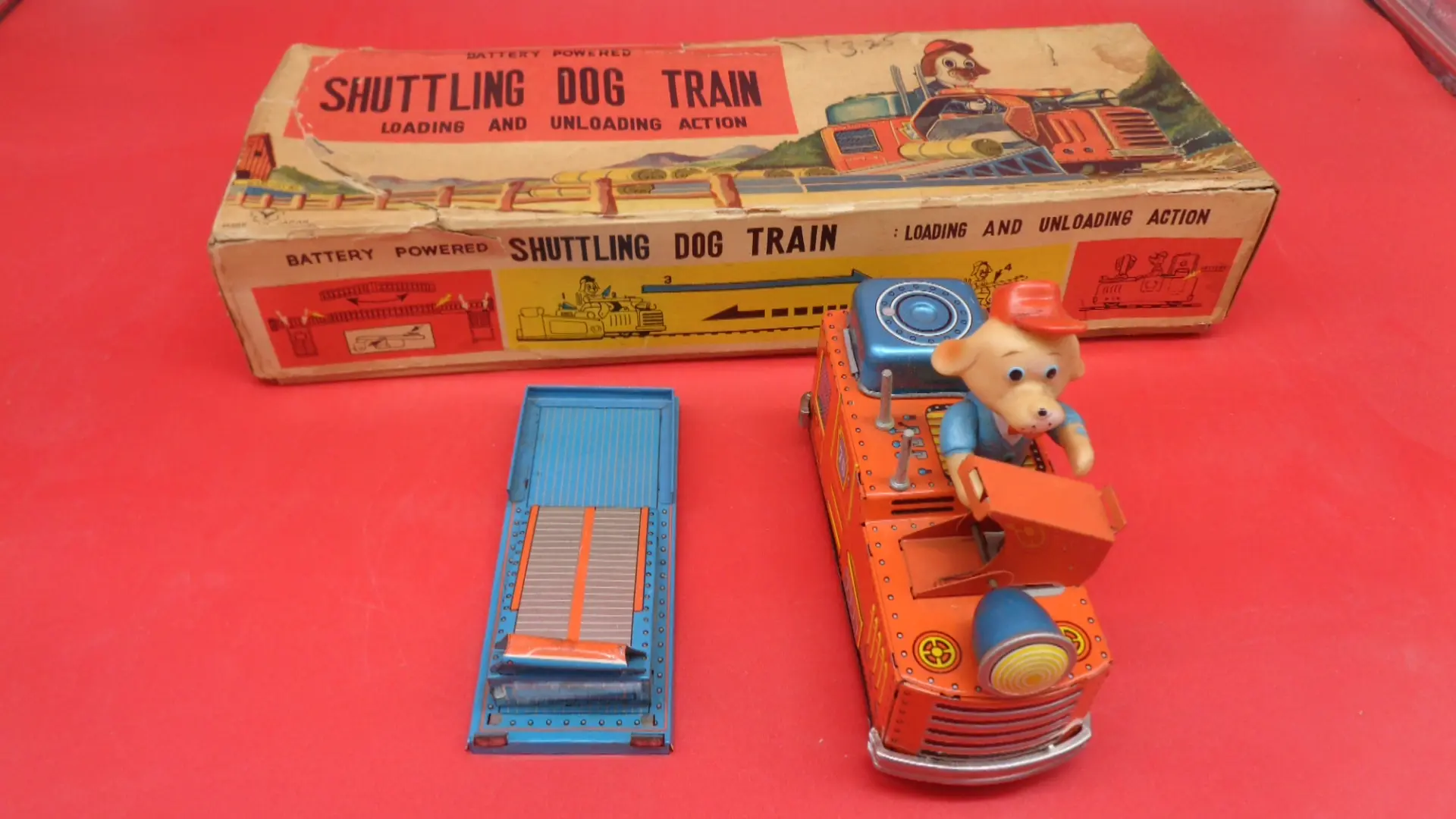 Vintage Shuttling dog train play set with box and tracks