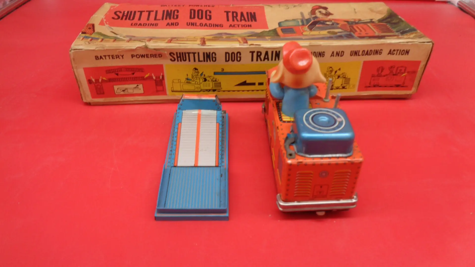 Vintage Shuttling dog train play set with box rear view