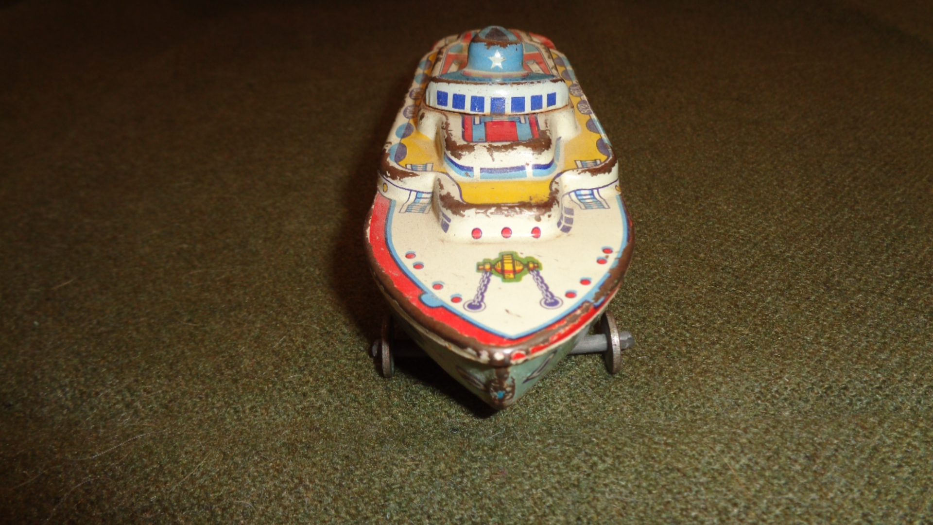 Wyandotte Toys USA, Vintage Tin on Wheels SS America Ship, Front View