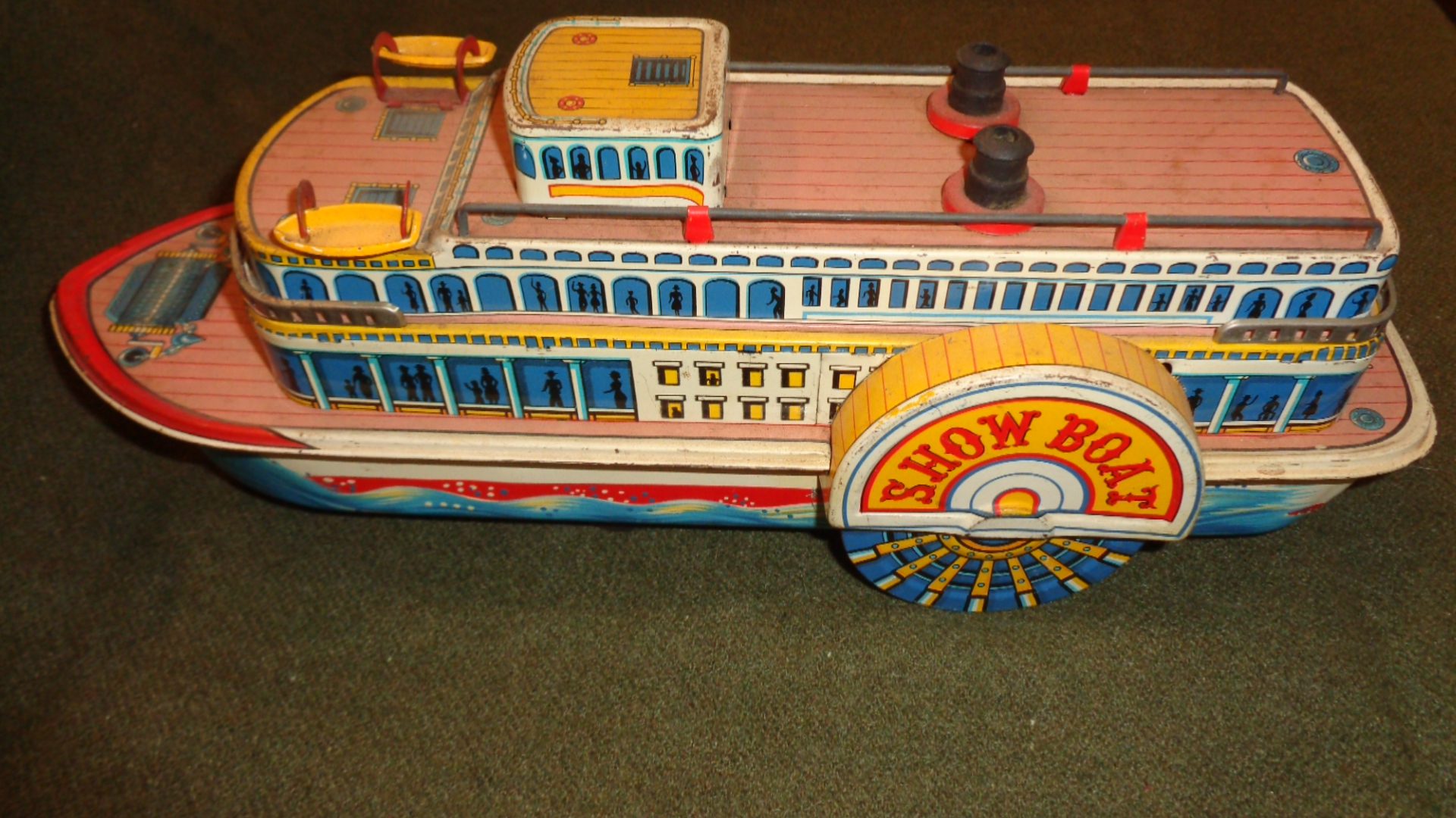 Modern Toys Japan, Tin Litho Battery Paddle Wheel Show Boat, Left View