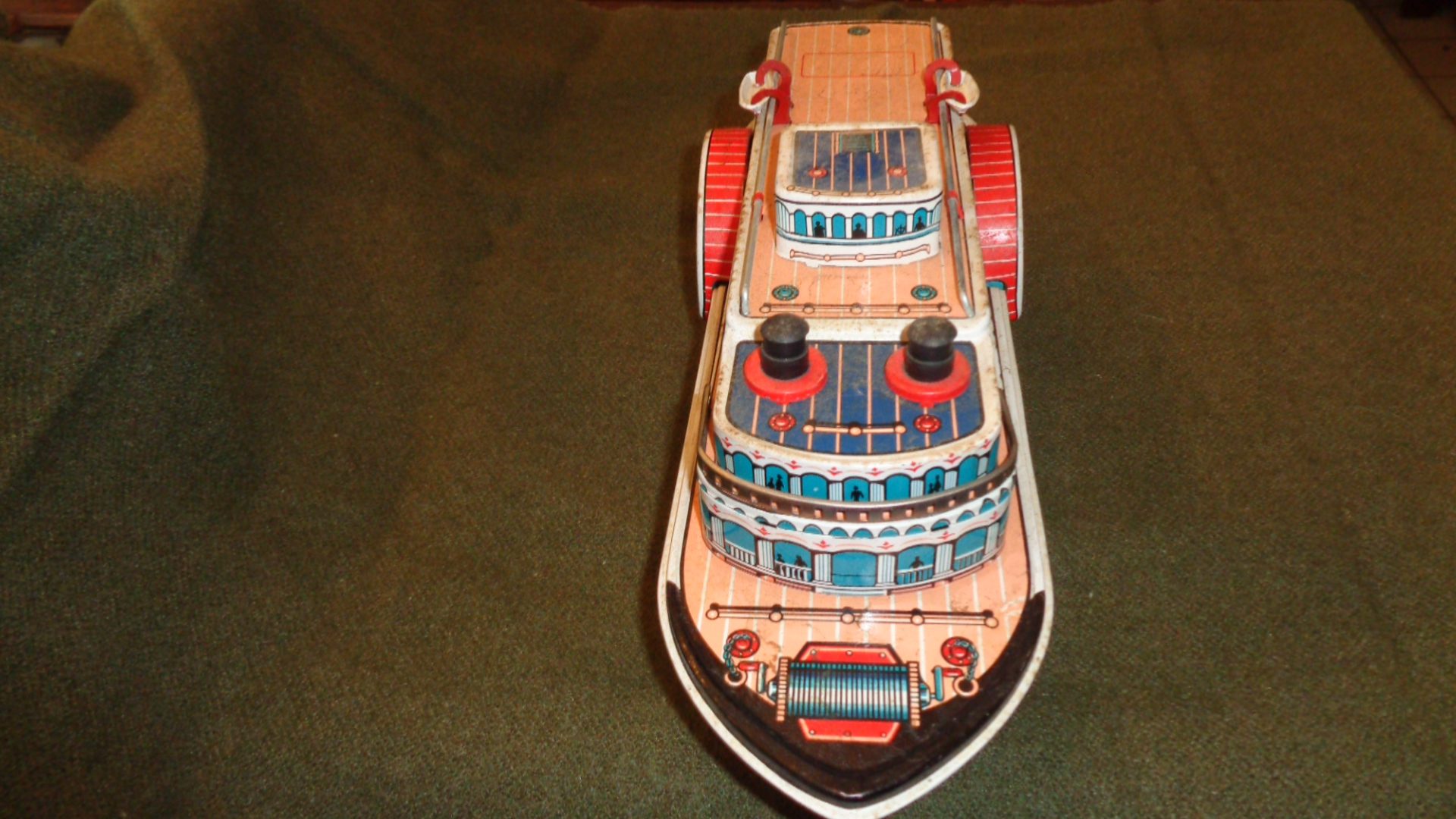 Masudaya Toy's Japan, Tin Battery-Operated River Queen Sidewheeler Boat Front View