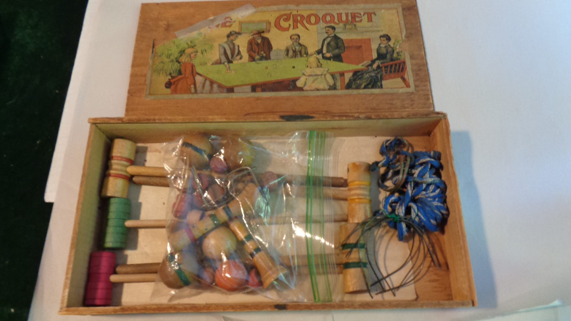 Antique Table Top Miniature Croquet Set with Pine Box